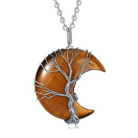Tree of Life Wire Wrapped Crescent Moon Pendant Necklace;  Crystal Stone Necklaces (Color: Brown)